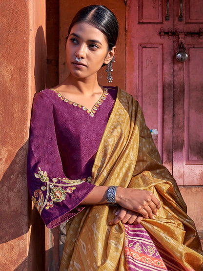 Women's Silk Blend Mustard Printed Designer Saree With Blouse Piece