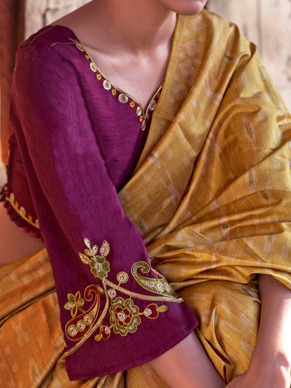 Women's Silk Blend Mustard Printed Designer Saree With Blouse Piece