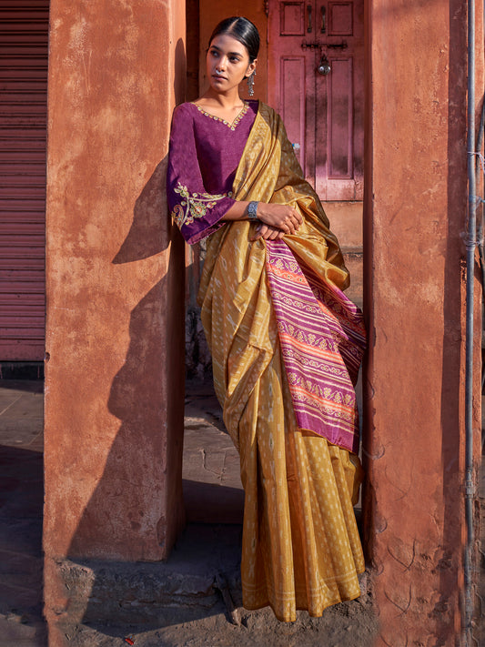 Women's Silk Blend Mustard Printed Designer Saree With Blouse Piece