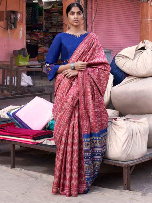 Women's Silk Blend Pink Printed Designer Saree With Blouse Piece