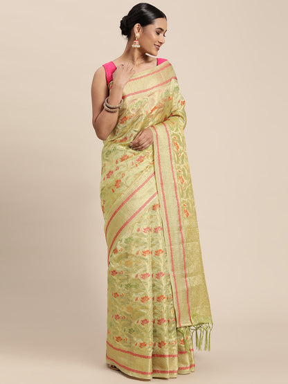 Dhiyona GR Women's Gulmohar Pista Green Organza Saree