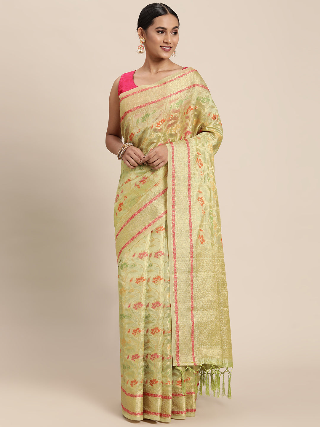 Dhiyona GR Women's Gulmohar Pista Green Organza Saree