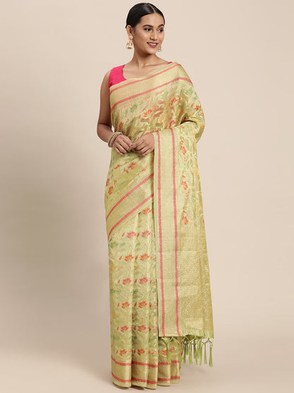 Dhiyona GR Women's Gulmohar Pista Green Organza Saree