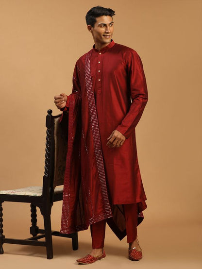 Men's Maroon Viscose Straight Kurta  Pyjama & Dupatta Set