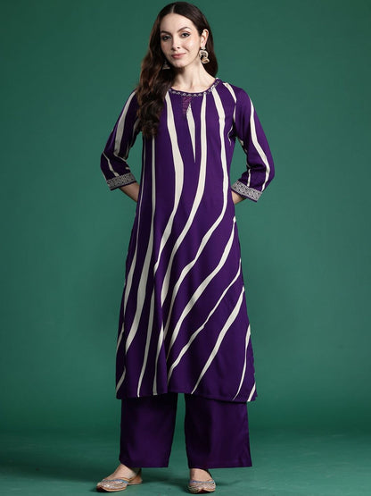 Printed Round Neck Straight Beads And Stones Kurta With Palazzos