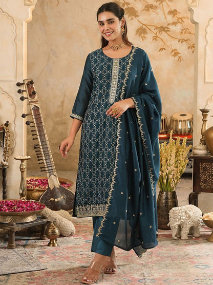 Dhiyona IE Women's Women Ethnic Motifs Embroidered Kurta with Trousers & Dupatta