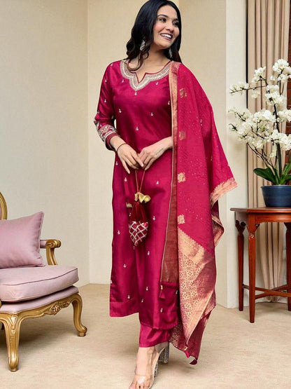 Dhiyona SN Women's Embroidered Calf Length Regular Straight Kurta & Pyjamas With Dupatta