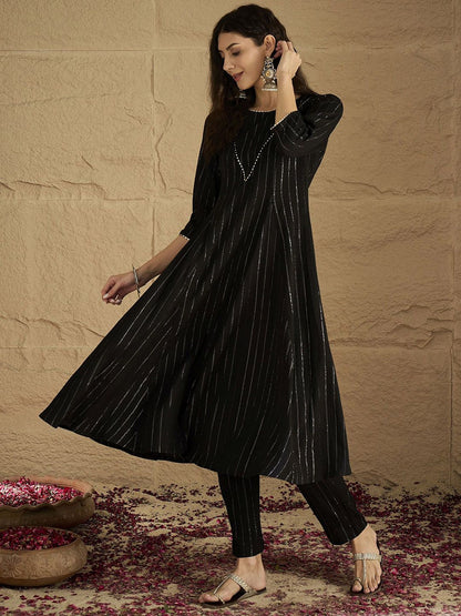 Dhiyona VA Women's Striped Round Neck Gotta Patti Silk Crepe Kurta with Trousers