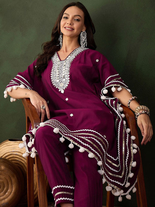 Dhiyona SN Women's Purple Geometric Embroidered Mirror Work Roman Silk Kurta With Trouser
