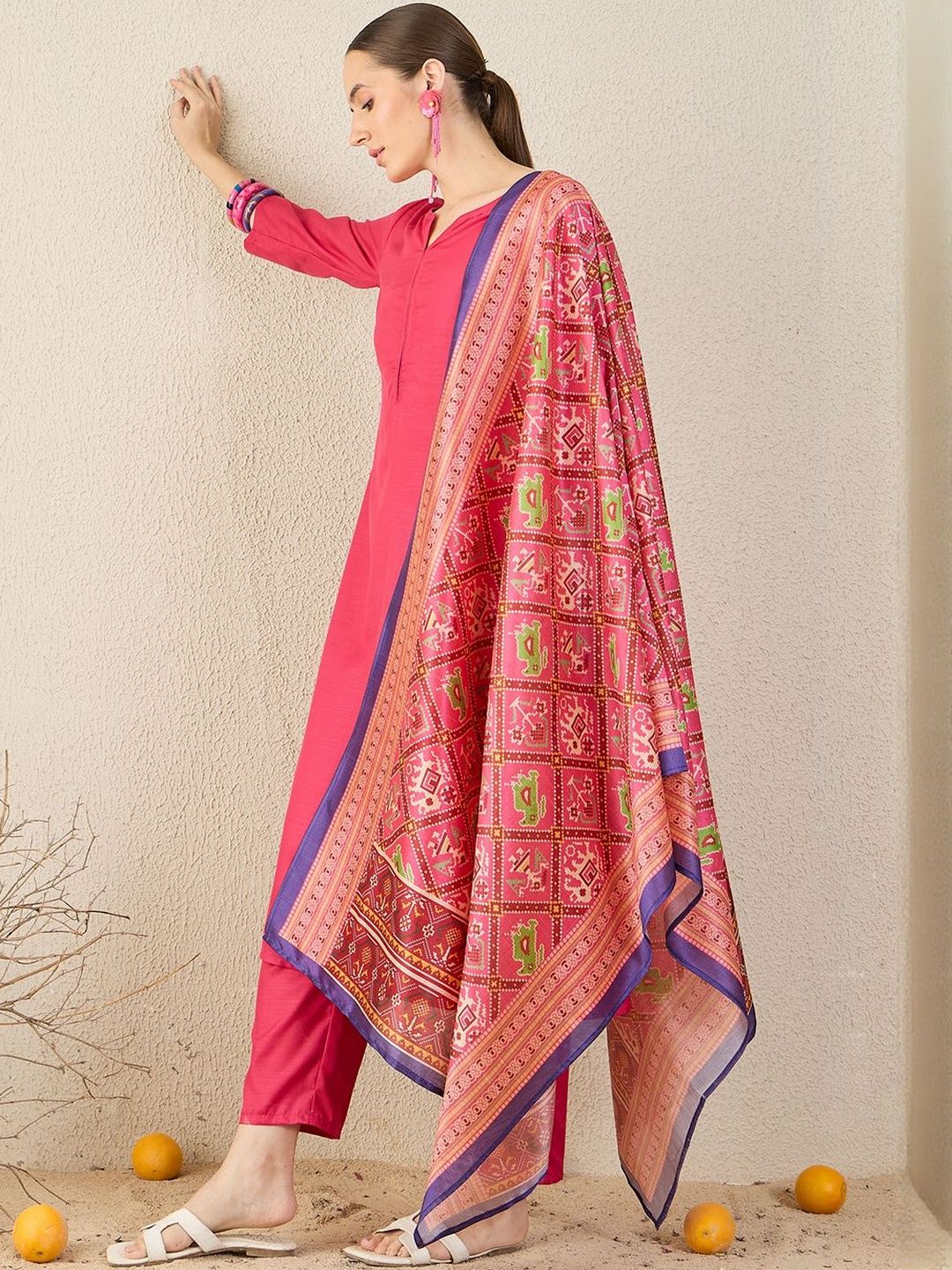 Notch Neck A-Line Kurta With Trousers & Dupatta Set