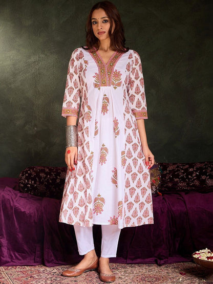 Women Ethnic Motifs Printed Empire Thread Work Pure Cotton Kurta with Trousers