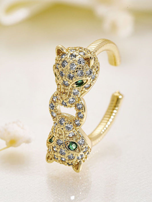 Dhiyona RJ Women's 18K Gold Plated Emerald Cubic Zicronia Studded Panther Motif Adjustable Finger Ring