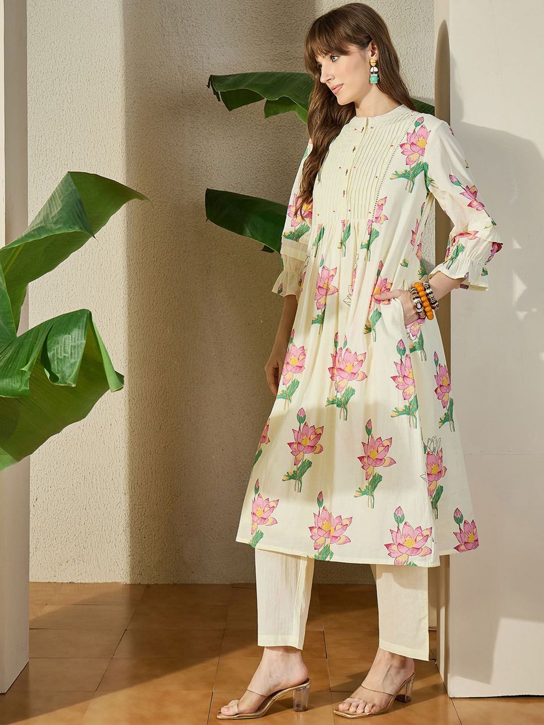 Dhiyona IE Printed Mandarin Collar Pure Cotton Tunic With Trouser