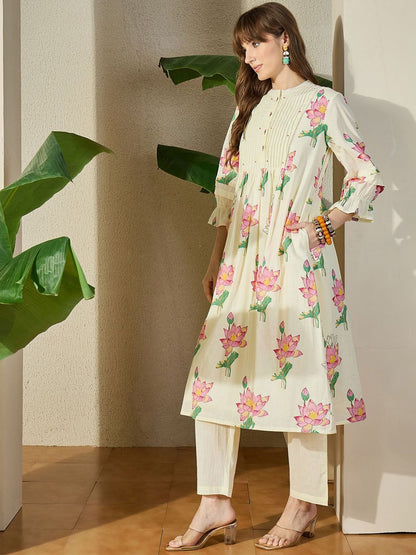 Dhiyona IE Printed Mandarin Collar Pure Cotton Tunic With Trouser