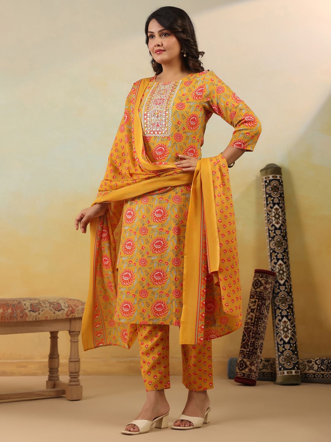 Floral Embroidered Regular Kurta With Trousers & Dupatta