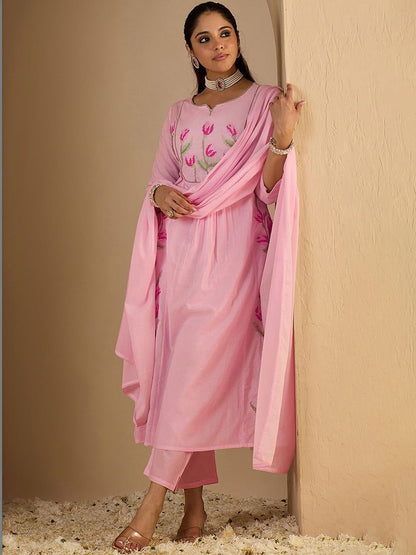 Women Floral Embroidered Panelled Thread Work Pure Cotton Kurta with Trousers & With Dupatta