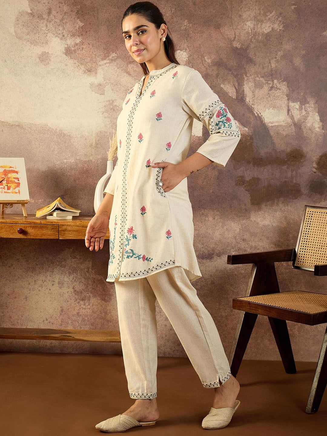 Women Ethnic Motifs Embroidered Pure Cotton Regular A-Line Kurta with Trousers