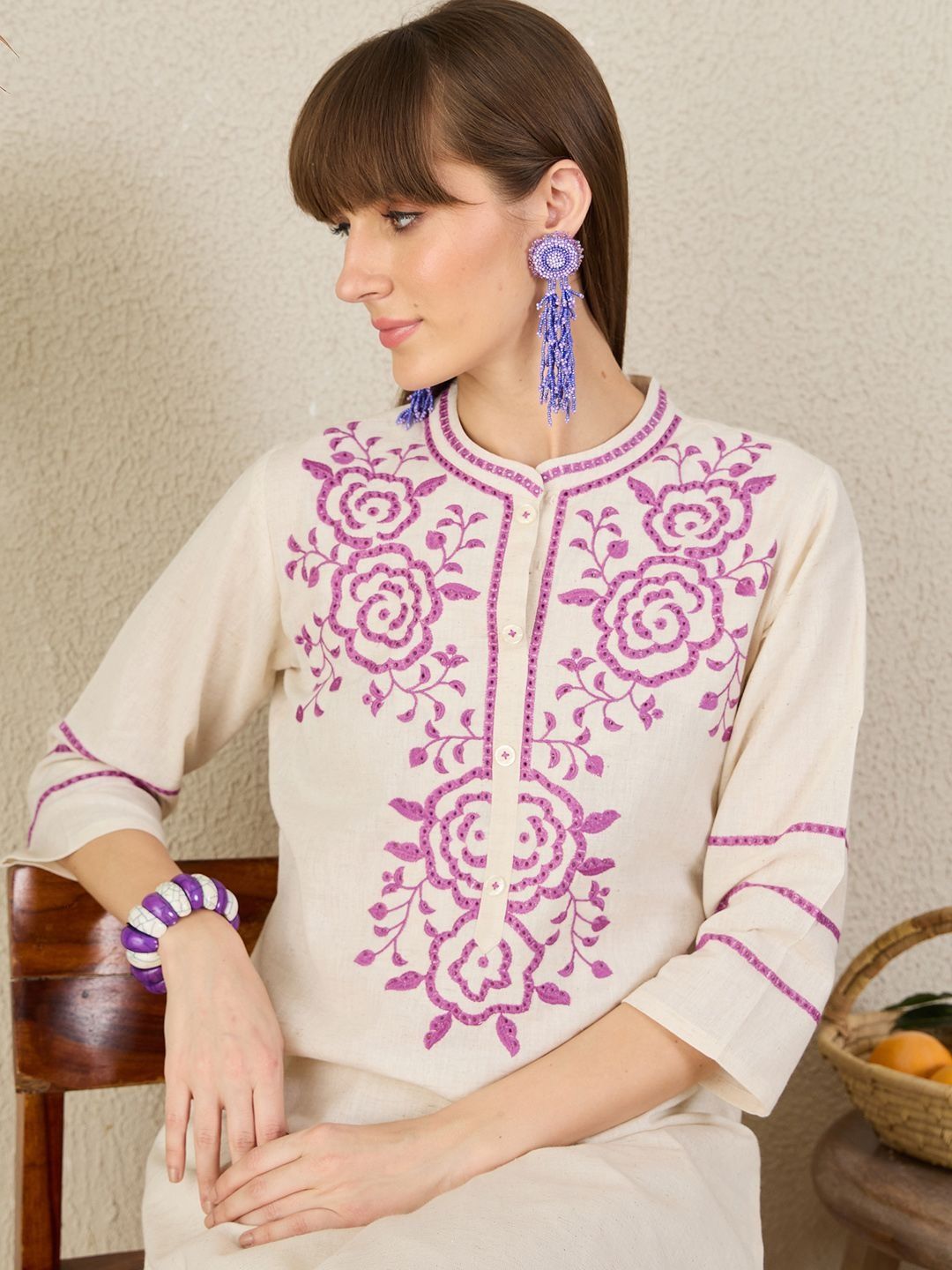 Floral Yoke Design Mandarin Collar Thread Work Straight Kurta & Palazzos