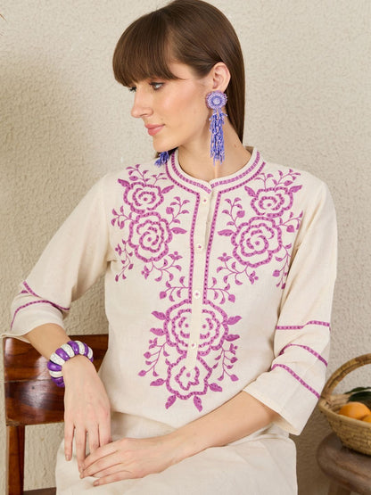 Floral Yoke Design Mandarin Collar Thread Work Straight Kurta & Palazzos