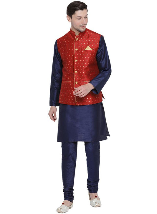 Men's Dark Blue Silk Blend Straight Jacket  Kurta and Pyjama Set