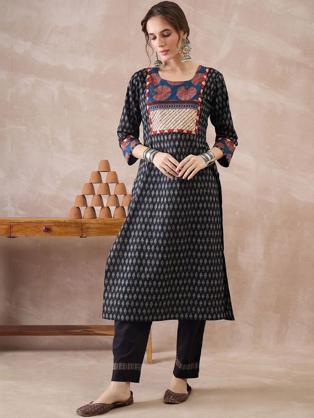 Dhiyona IE Women Ethnic Motifs Printed Regular Pure Cotton Kurta with Trousers & With Dupatta