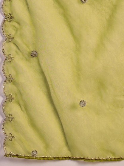 Dhiyona SN Women's Parrot Green Floral Sequinned Round Neck Straight Kurta With Palazzos And Dupatta