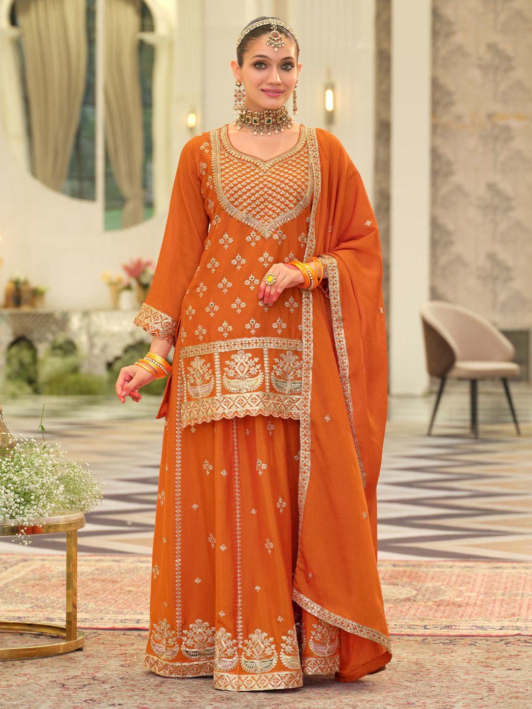 Dhiyona IE Women Ethnic Motifs Embroidered Long Sleeves Straight Kurta with Skirt & Dupatta