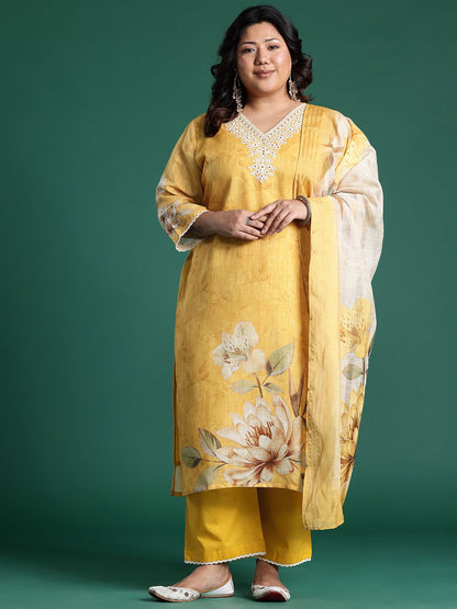 Plus Size Floral Print Regular Thread Work Kurta with Palazzos & Dupatta