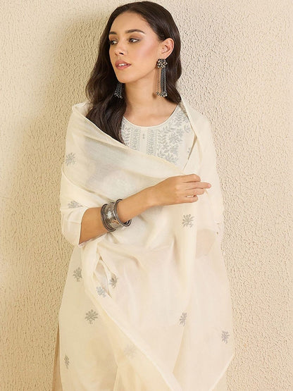 Women Ethnic Motifs Embroidered Regular Thread Work Pure Cotton Kurta with Trousers & With Dupatta