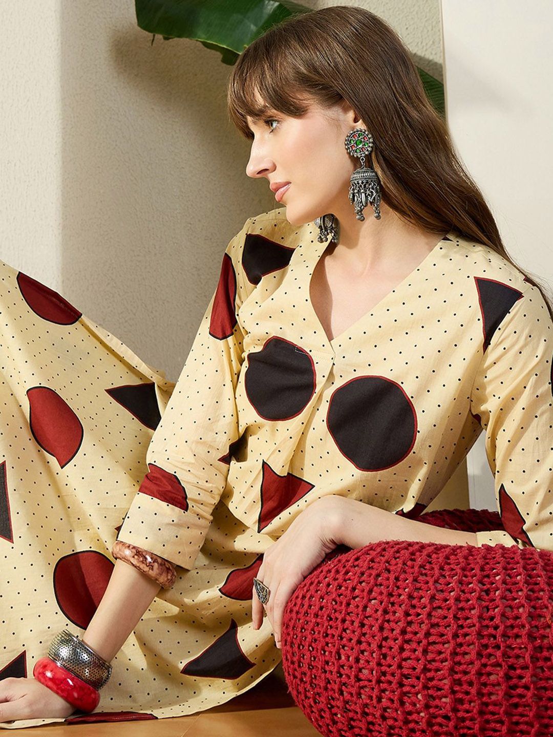 Dhiyona IE Printed Pure Cotton V-Neck Top With Trousers