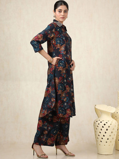 Dhiyona SO Women's Floral Printed Shirt Collar Pure Cotton Straight Kurta With Palazzos