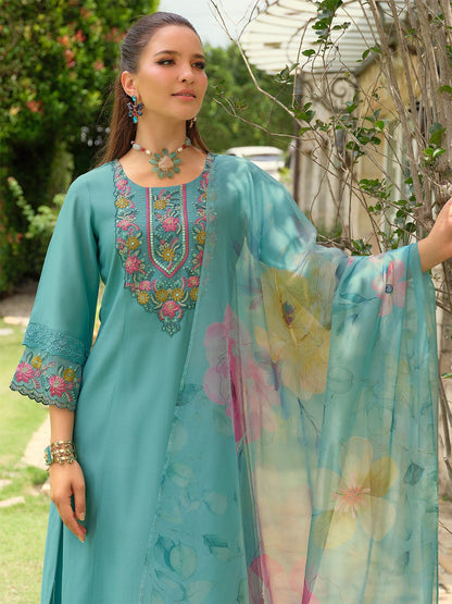 Women Floral Embroidered Regular Thread Work Kurta with Trousers & Dupatta