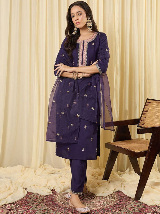 Women Ethnic Motifs Embroidered Regular Thread Work Kurta with Trousers & With Dupatta