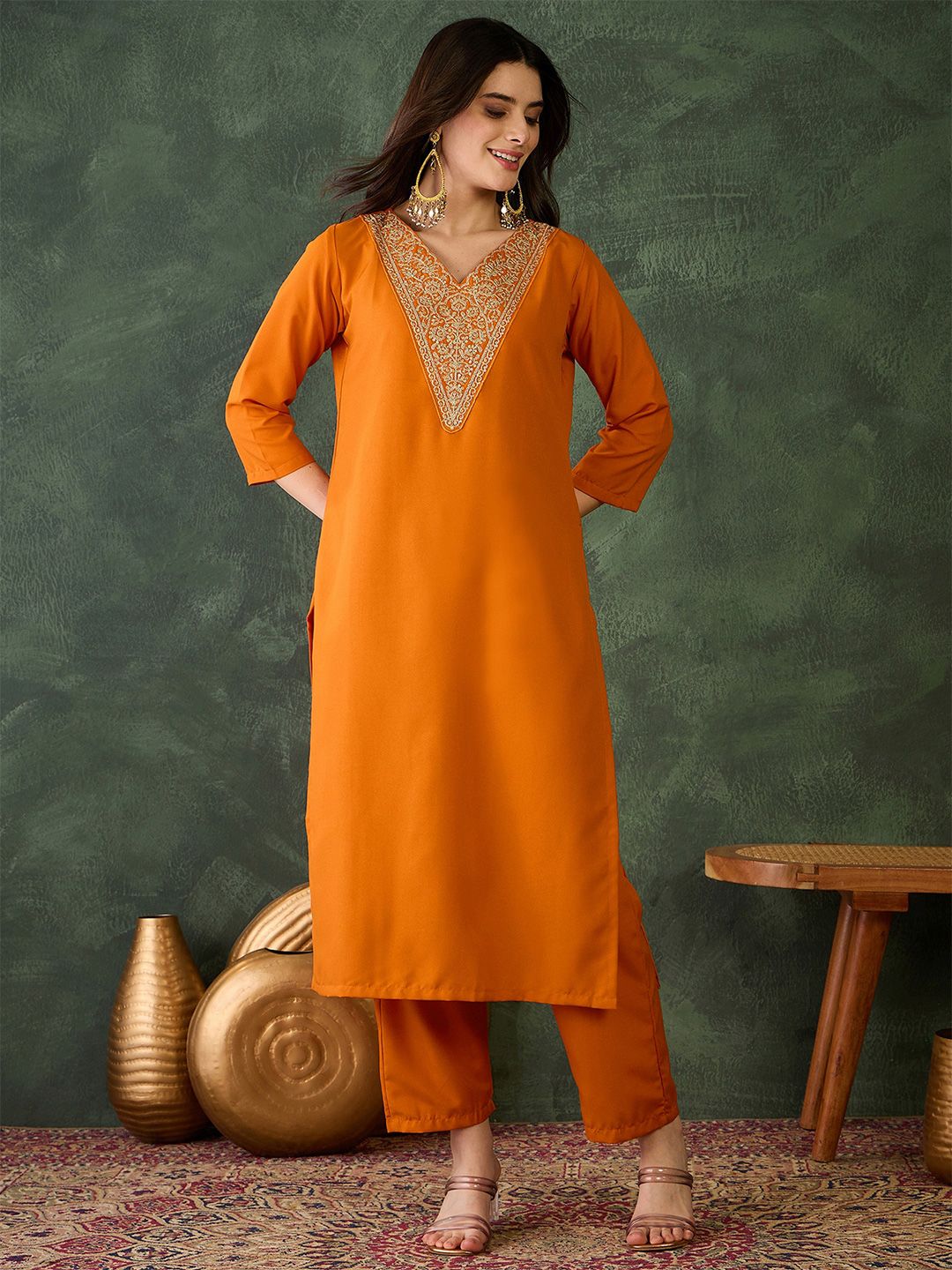 Dhiyona KL Ethnic Motifs Embroidered Round Neck Sequinned Kurta With Trousers & Dupatta