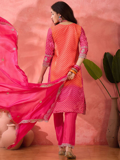 Dhiyona SN Women's Bhandani Printed Round Neck Straight Kurta With Trousers And Dupatta