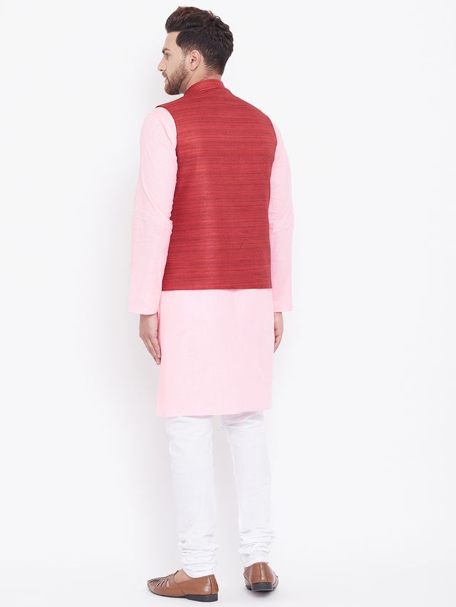 Men's Pink Cotton Blend Straight Jacket  Kurta and Pyjama Set