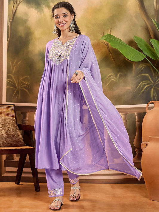 Dhiyona SN Women's Thread Embroidered With Mirror Work A-Line Kurta With Trousers & Dupatta