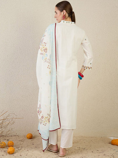 Women Floral Embroidered Pure Cotton Kurta with Trousers & Dupatta