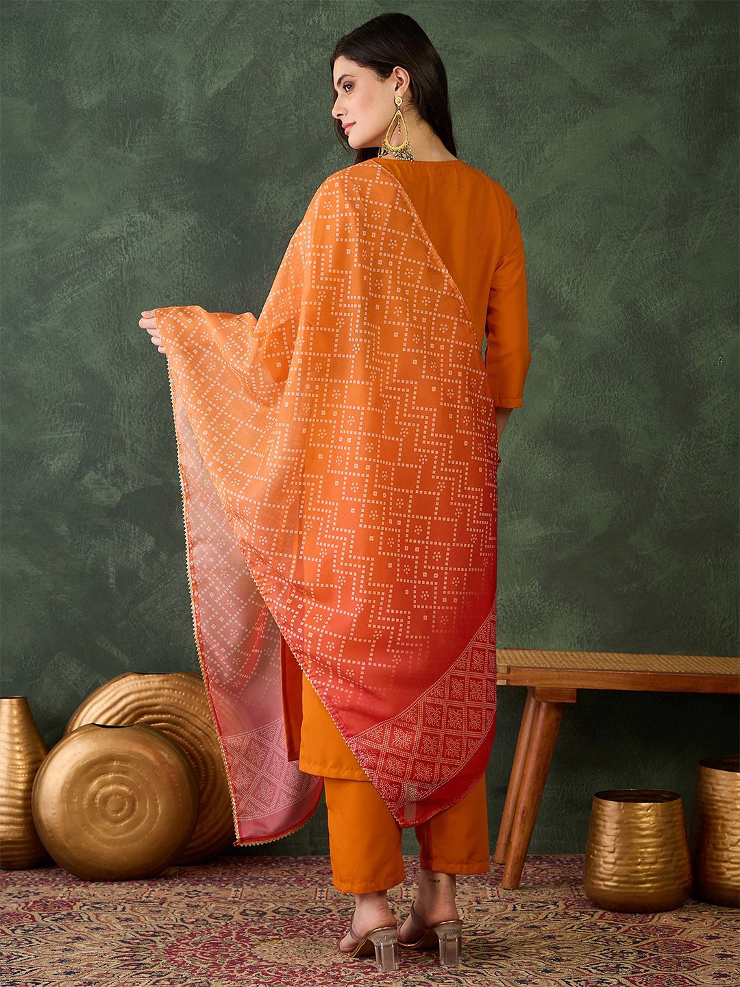 Dhiyona KL Ethnic Motifs Embroidered Round Neck Sequinned Kurta With Trousers & Dupatta