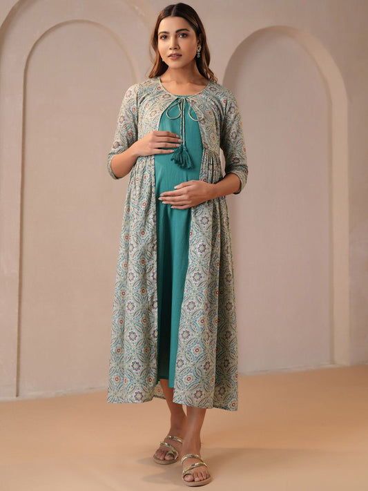 Dhiyona AY Women's Printed Fit & Flared Maternity Ethnic Dresses With Jacket