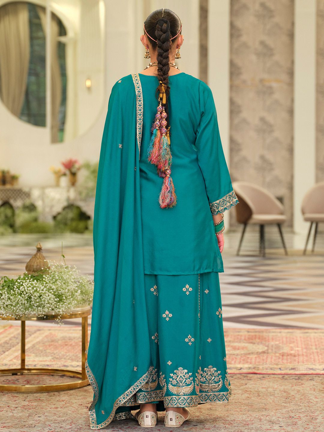 Dhiyona IE Women Ethnic Motifs Embroidered Zari Regular Kurta with Sharara & With Dupatta