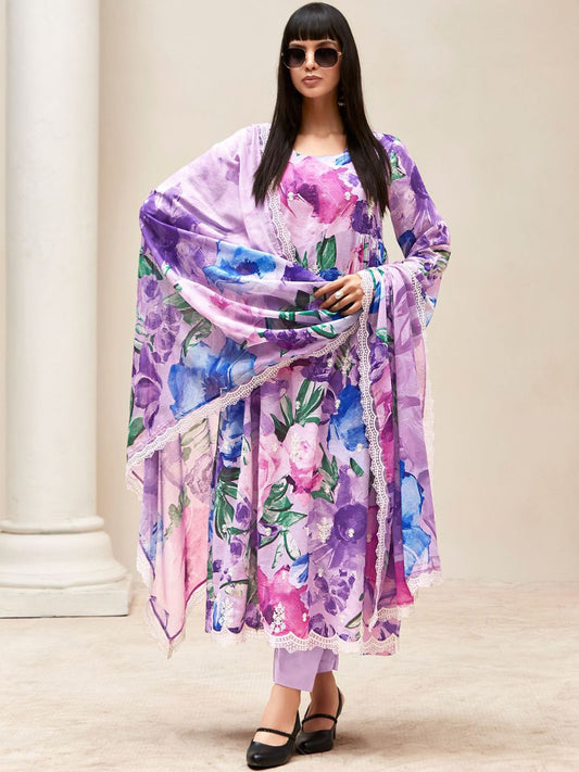 Dhiyona IE Women Floral Embroidered Empire Thread Work Kurta with Trousers & With Dupatta