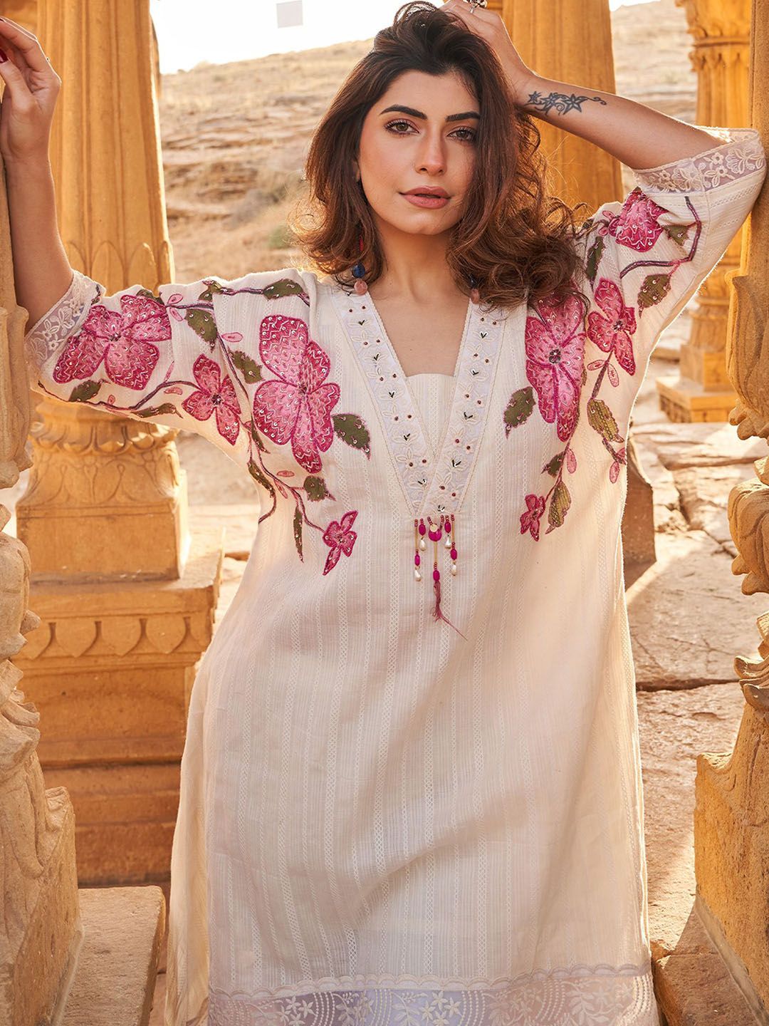 Dhiyona IE Indo era Printed Pure Cotton V Neck Top With Trousers Co-Ords Set