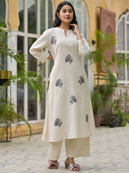 Animal Embroidered Regular Thread Work Pure Cotton Kurta With Palazzos
