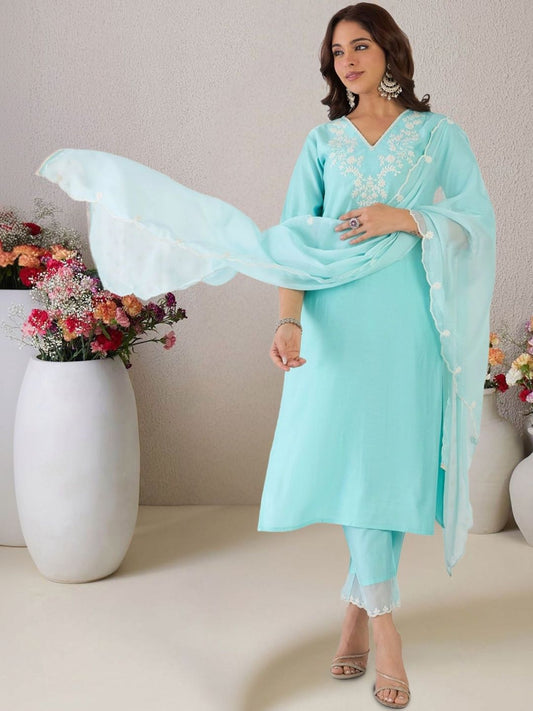 Women Ethnic Motifs Embroidered Regular Thread Work Liva Kurta with Trousers & With Dupatta