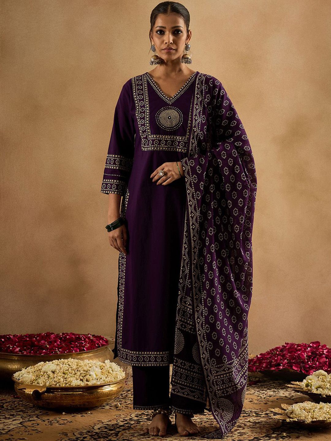 Dhiyona IE Floral Printed Pure Cotton Straight Kurta With Trousers & Dupatta