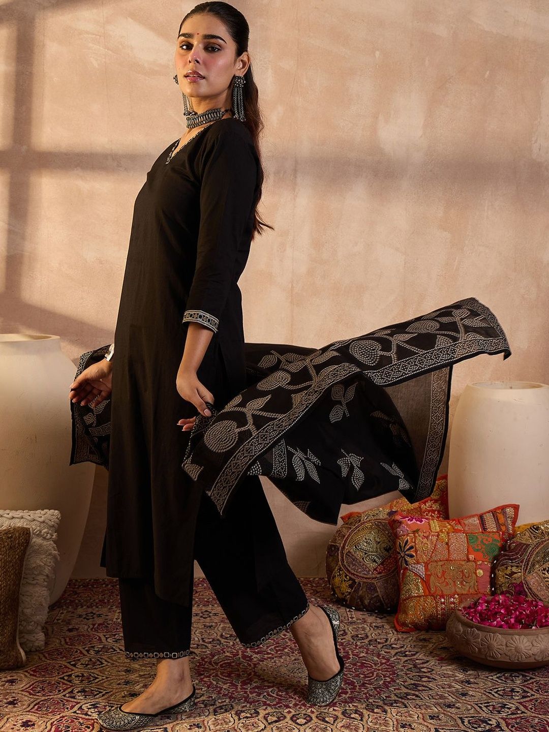 Mirror Work Pure Cotton Kurta With Trouser & With Dupatta