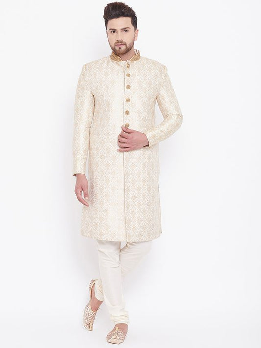 Men's Beige And Gold Silk Blend Straight Sherwani Set