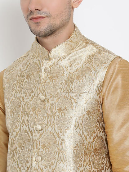 Men's Gold Silk Blend Straight Jacket  Kurta and Dhoti Set