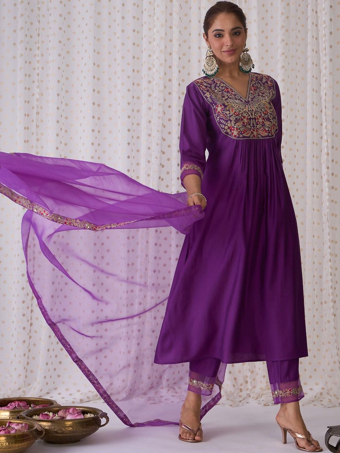 Women Ethnic Motifs Embroidered Anarkali Kurta with Trousers & Dupatta